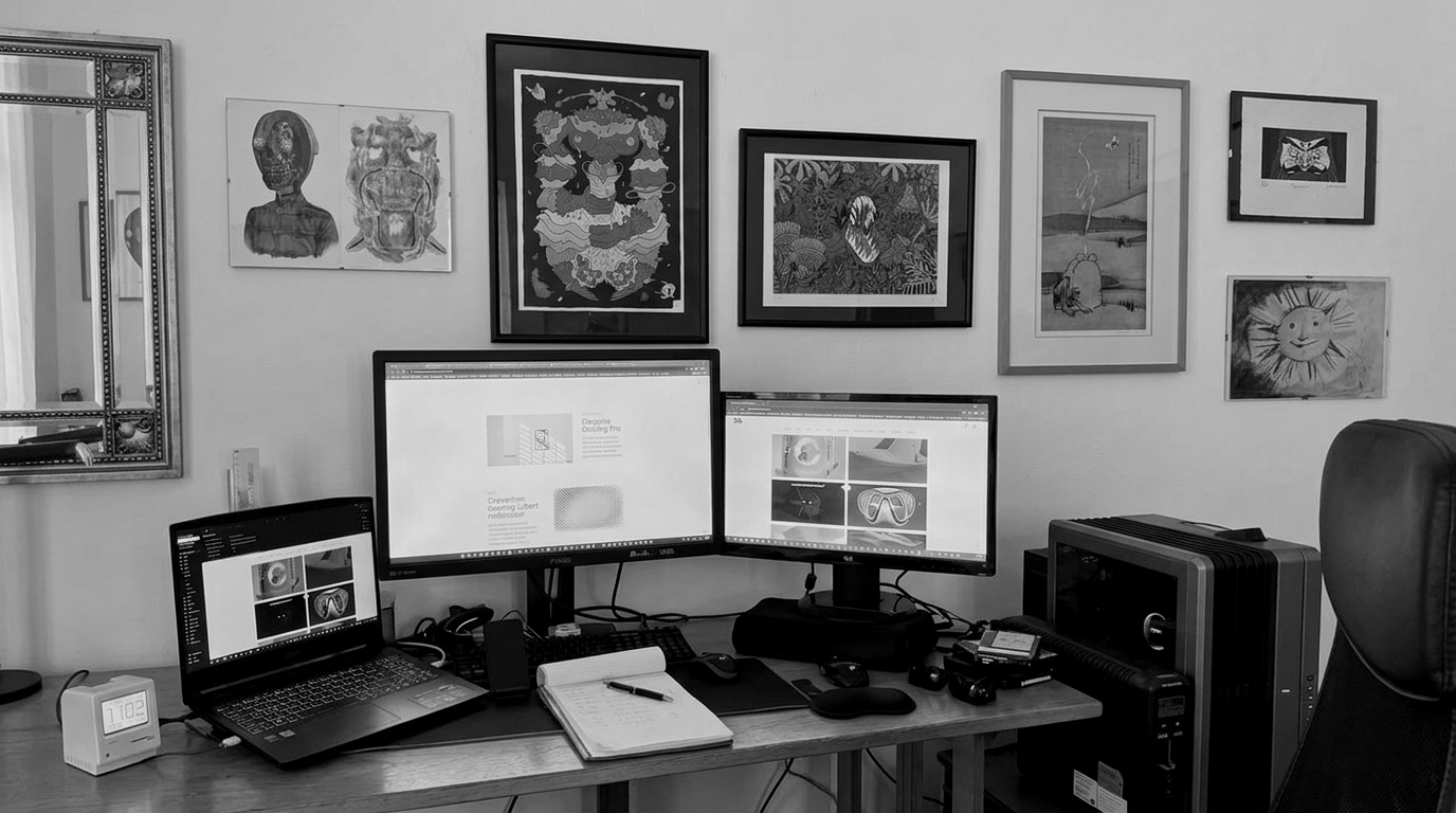 Creative workspace with monitors and framed artwork