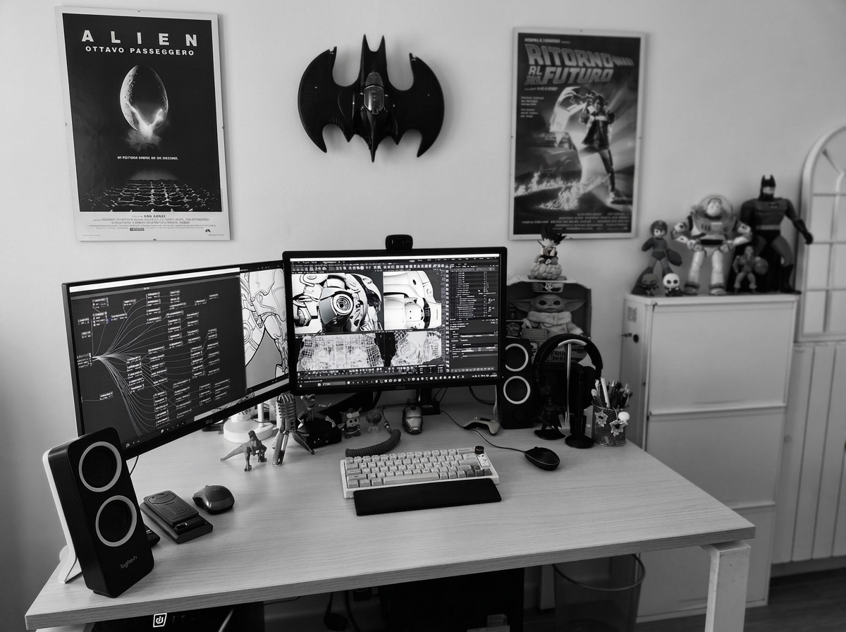 3D artist workspace with dual monitors